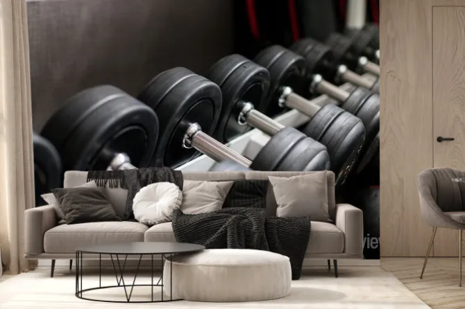 Fototapeta: スポーツジムのトレーニング室のたくさんのダンベルの様子