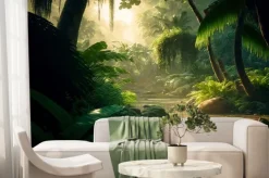 Fototapeta: A beautiful fairytale enchanted rainforest with sunbeams. enchanted