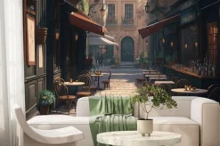 Fototapeta: A painting of a narrow street with tables and chairs and a building