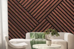 Fototapeta: A wall of wooden slats in the color of dark wood with a pattern