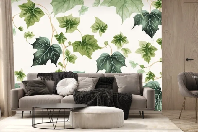 Fototapeta: A wallpaper with green leaves and vines on a white background