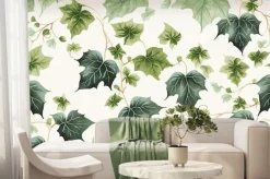 Fototapeta: A wallpaper with green leaves and vines on a white background