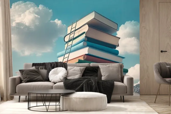Fototapeta: Abstract book stack with ladder on sky with clouds background.