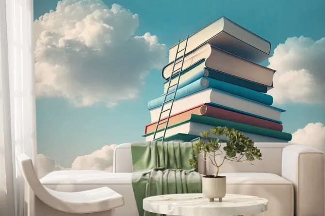 Fototapeta: Abstract book stack with ladder on sky with clouds background.