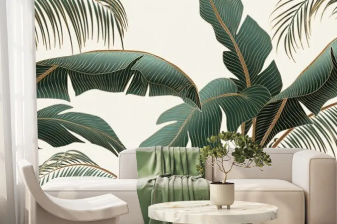 Fototapeta: Abstract luxury light art background with green and gold palm