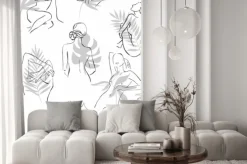 Fototapeta: Abstract womens silhouette minimalist line and tropical palm