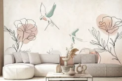 Fototapeta: Abstrakcyjna akwarela kwiatów i ptaków