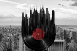 Fototapeta: Abstrakcyjna płyta winylowa na tle metropolii