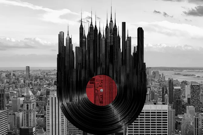 Fototapeta: Abstrakcyjna płyta winylowa na tle metropolii