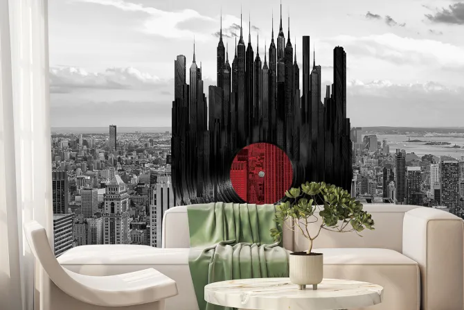 Fototapeta: Abstrakcyjna płyta winylowa na tle metropolii