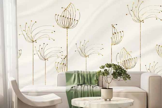 Fototapeta: Abstrakcyjne kwiaty dmuchawce w złotawych odcieniach na beżowym