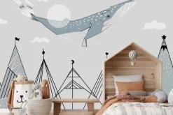 Fototapeta: Abstrakcyjny krajobraz z górami i wielorybem bajkowy wzór dziecięcy