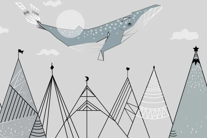 Fototapeta: Abstrakcyjny krajobraz z górami i wielorybem bajkowy wzór dziecięcy