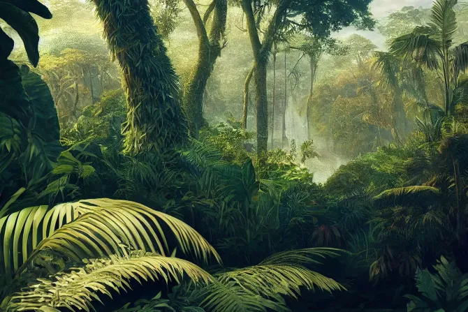 Fototapeta: Abstrakcyjny krajobraz zielona dżungla z tropikalnymi roślinami