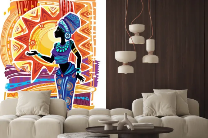 Fototapeta: Afrykańska kobieta w etnicznej sukni na ornamentu tle