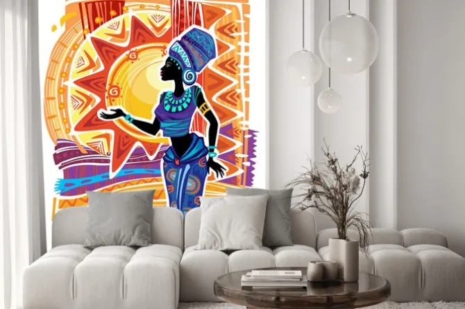 Fototapeta: Afrykańska kobieta w etnicznej sukni na ornamentu tle