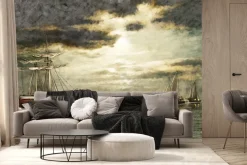 Fototapeta: Żaglowce na morzu z promieniami światła