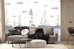 Fototapeta: Żaglowce pływające po morzu na tle latarni