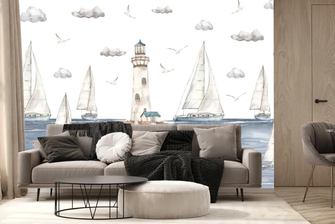 Fototapeta: Żaglowce pływające po morzu na tle latarni
