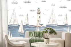 Fototapeta: Żaglowce pływające po morzu na tle latarni