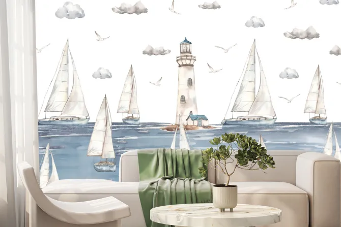 Fototapeta: Żaglowce pływające po morzu na tle latarni