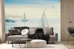 Fototapeta: Żaglówki na jeziorze wśród gór i ptaków