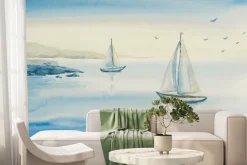 Fototapeta: Żaglówki na jeziorze wśród gór i ptaków