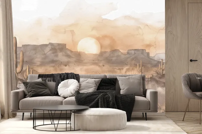 Fototapeta: Akwarela kaktusów i gór na pustyni