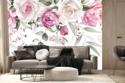 Fototapeta: Akwarela kwiatowa z zielonymi liśćmi i różowymi białymi kwiatami