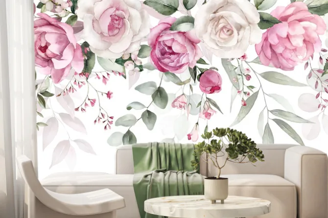 Fototapeta: Akwarela kwiatowa z zielonymi liśćmi i różowymi białymi kwiatami