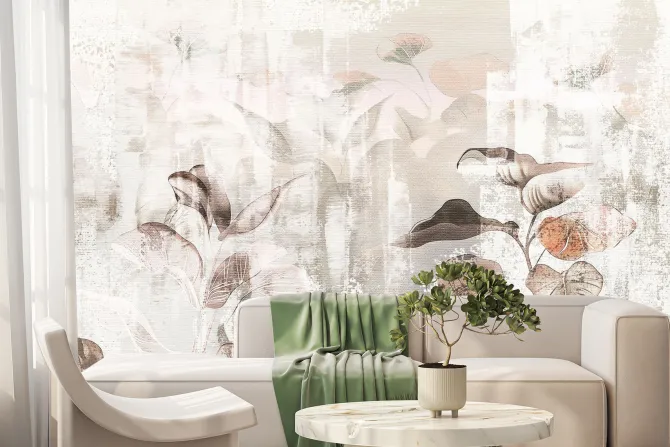 Fototapeta: Akwarela liści na betonowej ścianie