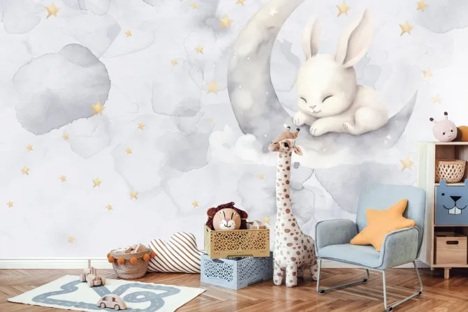 Fototapeta: Akwarela nieba z króliczkiem na księżycu