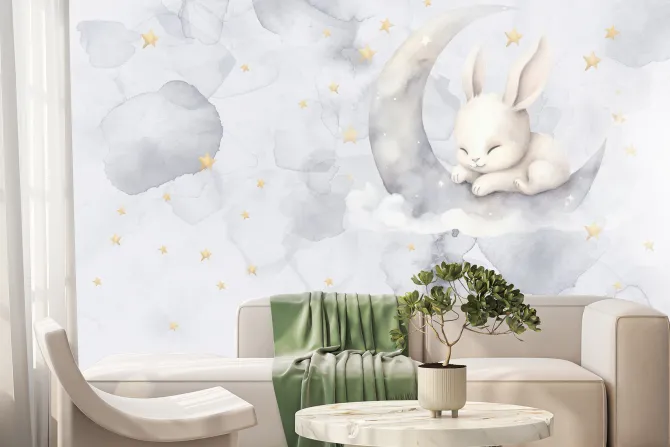 Fototapeta: Akwarela nieba z króliczkiem na księżycu