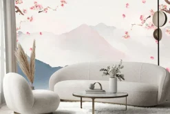 Fototapeta: Akwarela wzgórz z kwiatami wiśni