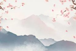 Fototapeta: Akwarela wzgórz z kwiatami wiśni