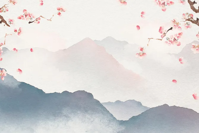 Fototapeta: Akwarela wzgórz z kwiatami wiśni