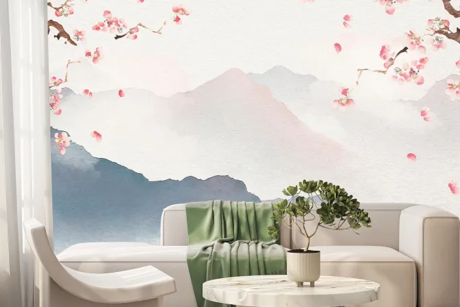 Fototapeta: Akwarela wzgórz z kwiatami wiśni