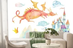 Fototapeta: Akwarela zbiór baśni z cute smoka, magicznym zamku, góry i chmury