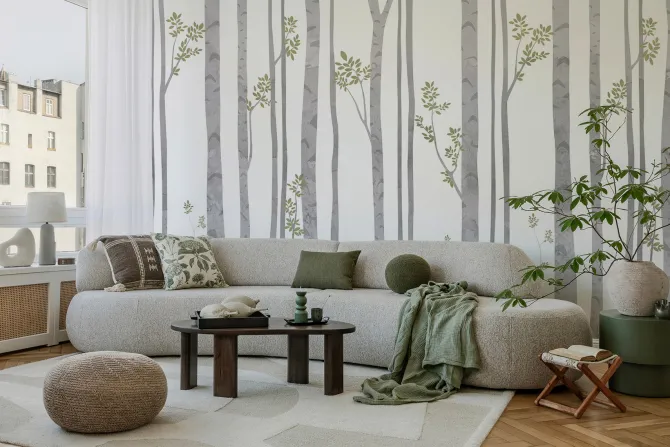 Fototapeta: Akwarelowe drzewa brzozy z zielonymi liśćmi