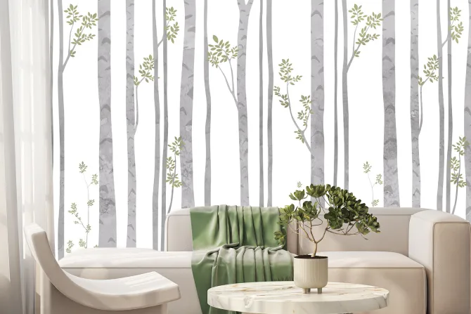 Fototapeta: Akwarelowe drzewa brzozy z zielonymi liśćmi