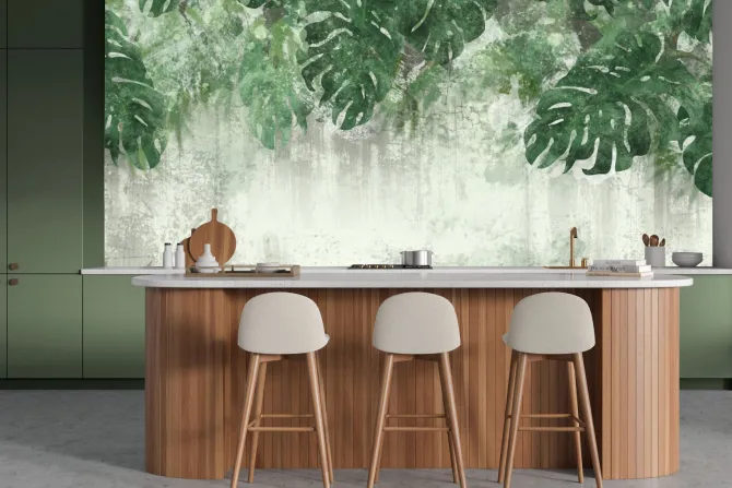 Fototapeta: Akwarelowe liście monstery na starej betonowej ścianie grunge