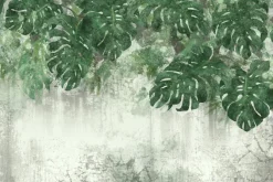 Fototapeta: Akwarelowe liście monstery na starej betonowej ścianie grunge