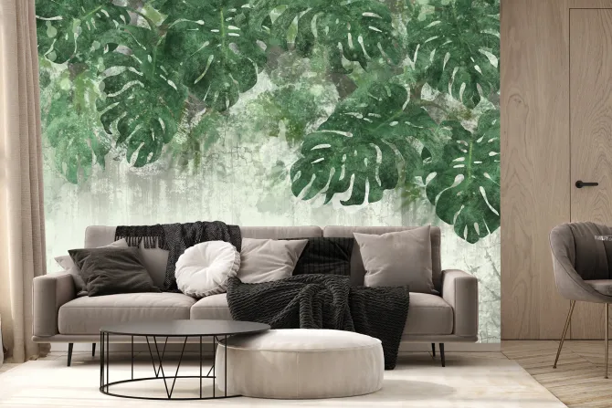 Fototapeta: Akwarelowe liście monstery na starej betonowej ścianie grunge