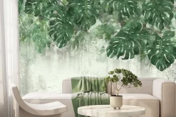 Fototapeta: Akwarelowe liście monstery na starej betonowej ścianie grunge