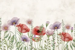 Fototapeta: Akwarelowe maki i polne kwiaty w odcieniach fioletu i różu