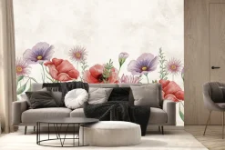 Fototapeta: Akwarelowe maki i polne kwiaty w odcieniach fioletu i różu