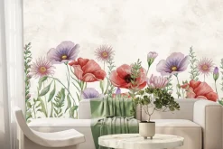 Fototapeta: Akwarelowe maki i polne kwiaty w odcieniach fioletu i różu