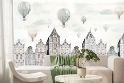 Fototapeta: Akwarelowe miasteczko pejzaż z balonami na niebie