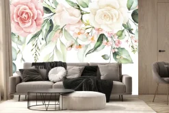 Fototapeta: Akwarelowe róże wśród tropikalnych liści