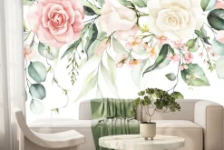 Fototapeta: Akwarelowe róże wśród tropikalnych liści